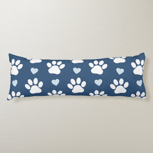 Coussins Longs Pattern of paws, Dog paws, White paws, Blue Hearts (Devant)