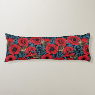 Coussins Longs Pavot rouge et brunes, feuilles bleus sur noir