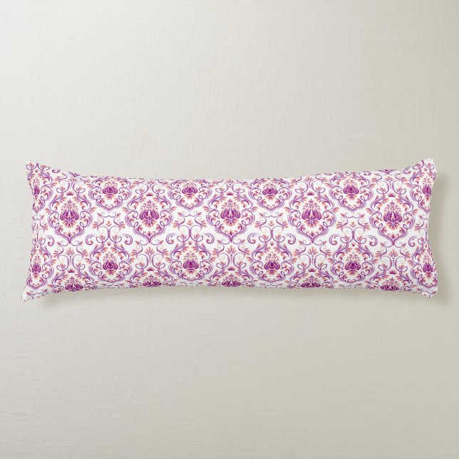 Coussins Longs Pêche et pourpre Damask Floral Élégant Motif (Devant)
