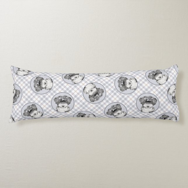 Coussins Longs Peinture Tibétaine Terrier Art Chien noir et blanc (Devant)