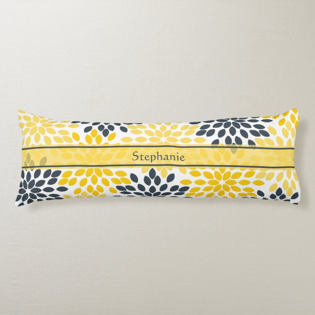 Coussins Longs Personnalisé Jaune, Gris Charbon Moderne Floral (Devant)