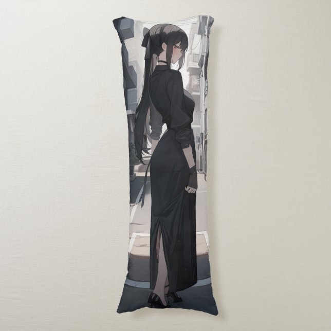Coussins Longs Petite fille en robe noire (Devant (Vertical))