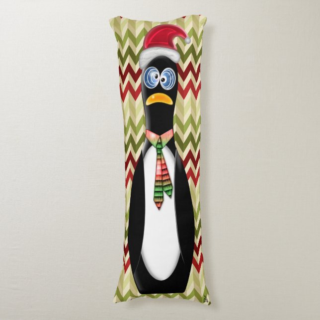 Coussins Longs Pingouin Père Noël humoristique sur Zig Zags Rouge (Devant (Vertical))