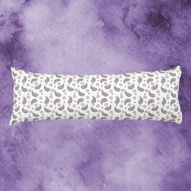 Coussins Longs Points Fleurs Paisley Motif Vert rose violet (A body pillow with paisley, flowers and dot pattern done in green, blue, pink & purple.)