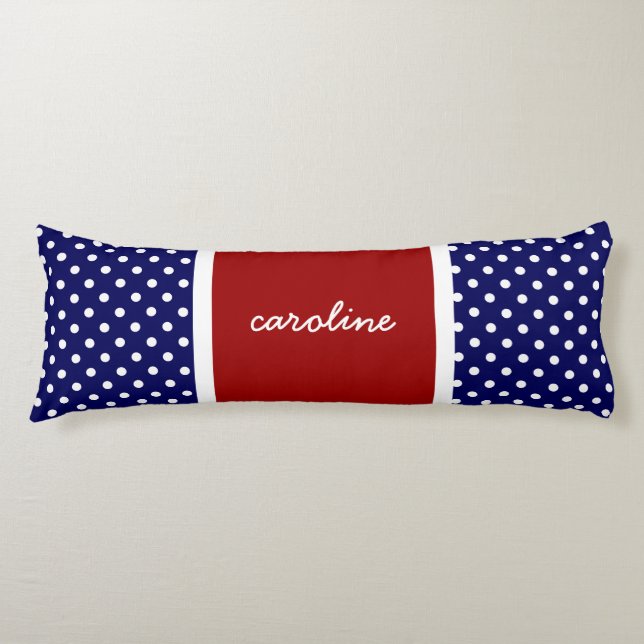 Coussins Longs Pois mignon, Blanc rouge & Bleu, Ajouter votre nom (Devant)
