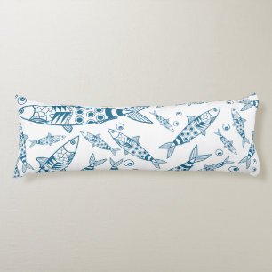 Coussins Longs Portugais Lisbonne Sardines Motif Azulejos Blanc
