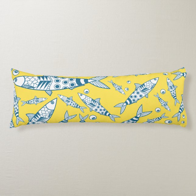 Coussins Longs Portugais Lisbonne Sardines Motif Azulejos Jaune (Devant)