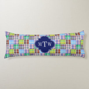 Coussins Longs Preppy Patchwork Madras Navy Quatrefoil Monogramme