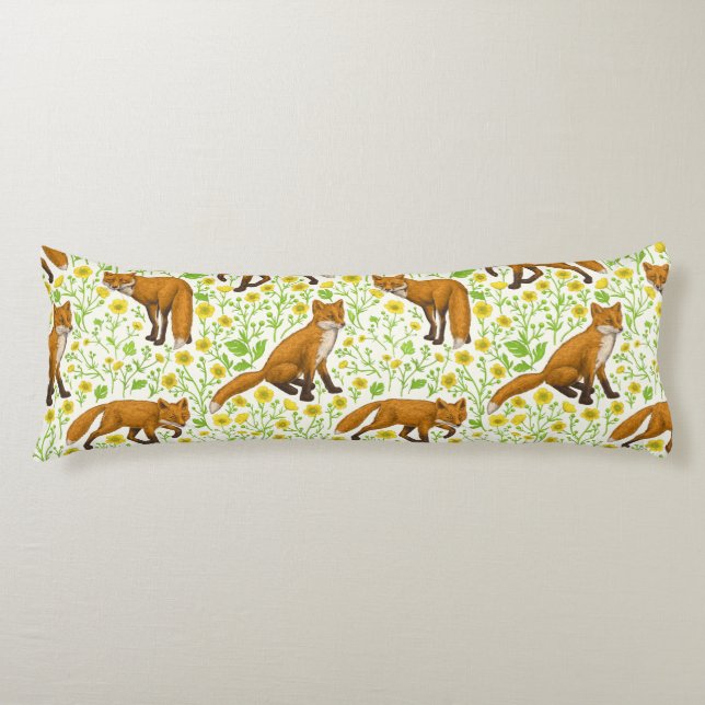 Coussins Longs Renards et papillons sur le blanc naturel (Devant)