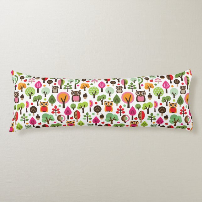 Coussins Longs rétro motif de hibou d'arbre rose de feuille (Devant)