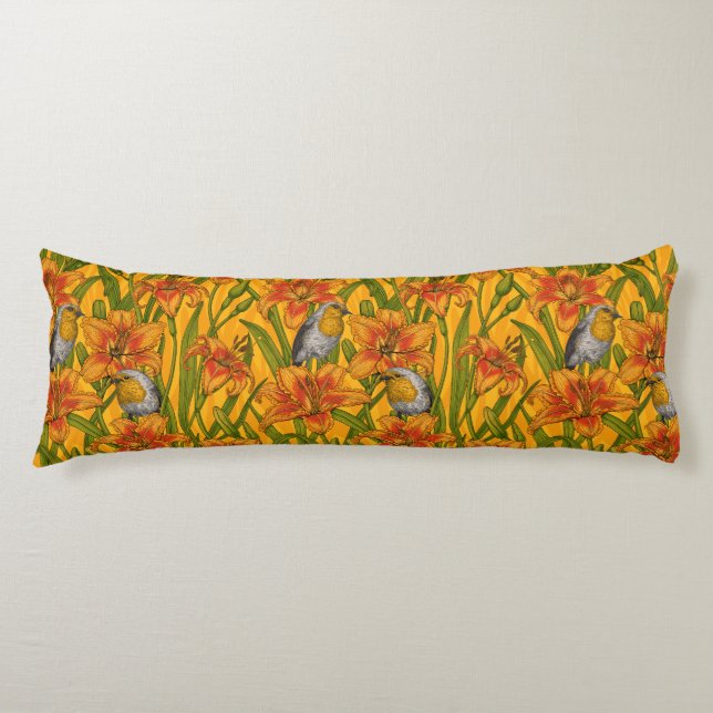 Coussins Longs Robins et fleurs de lys, orange et vert (Devant)