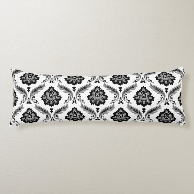 Coussins Longs Rococo Damask Pattern Grey Black White (Devant)