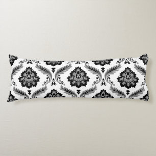 Coussins Longs Rococo Damassé Grand Motif Gris Noir Blanc