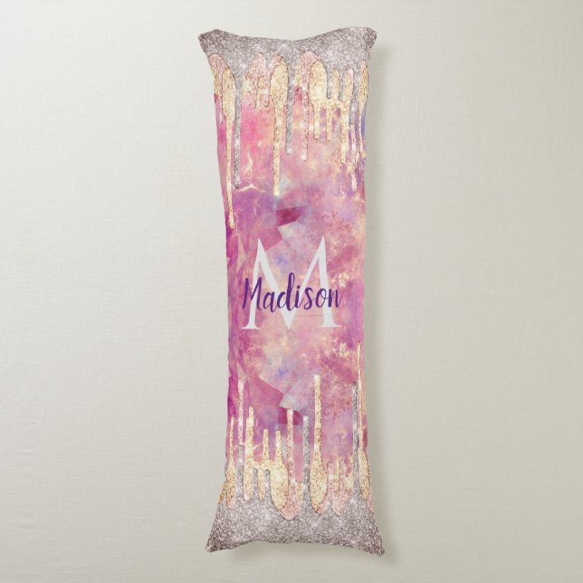 Coussins Longs Rose chic rose parties scintillant gouttes monogra (Devant (Vertical))