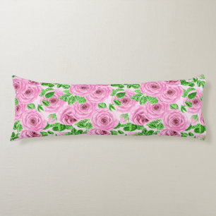 Coussins Longs Roses aquarelles roses avec feuilles et bourgeons 