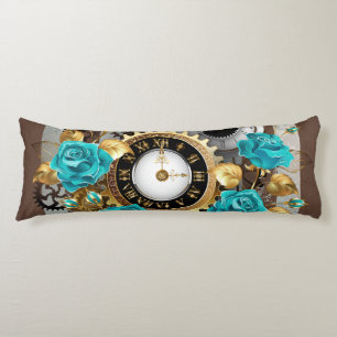 Coussins Longs Steampunk Clock and Turquoise Roses on Striped