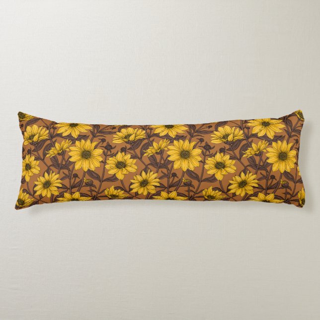Coussins Longs Sunroot, tournesol sauvage en jaune et marron (Devant)