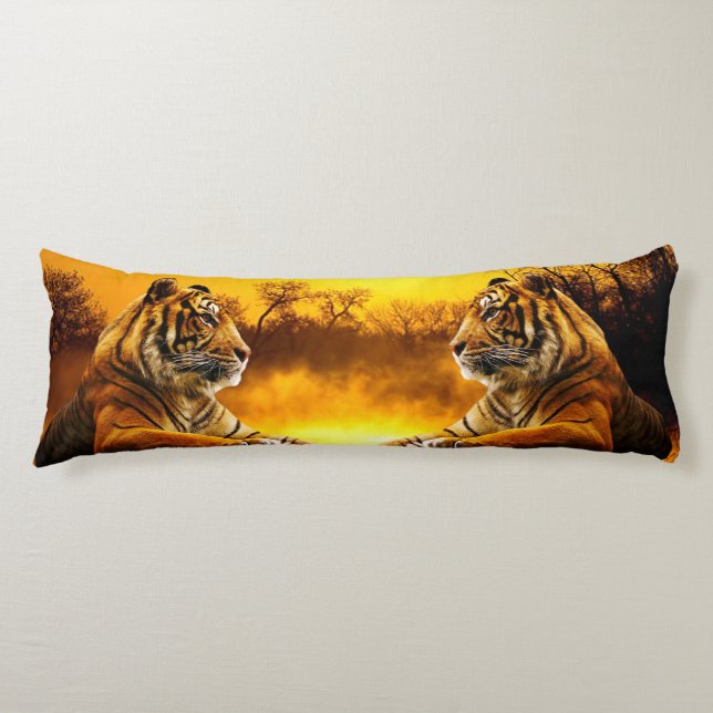 Coussins Longs Tigre et coucher du soleil (Devant)