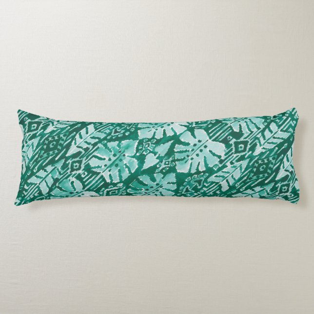 Coussins Longs Tropical tribal vert hawaïen de la JUNGLE IKAT (Devant)