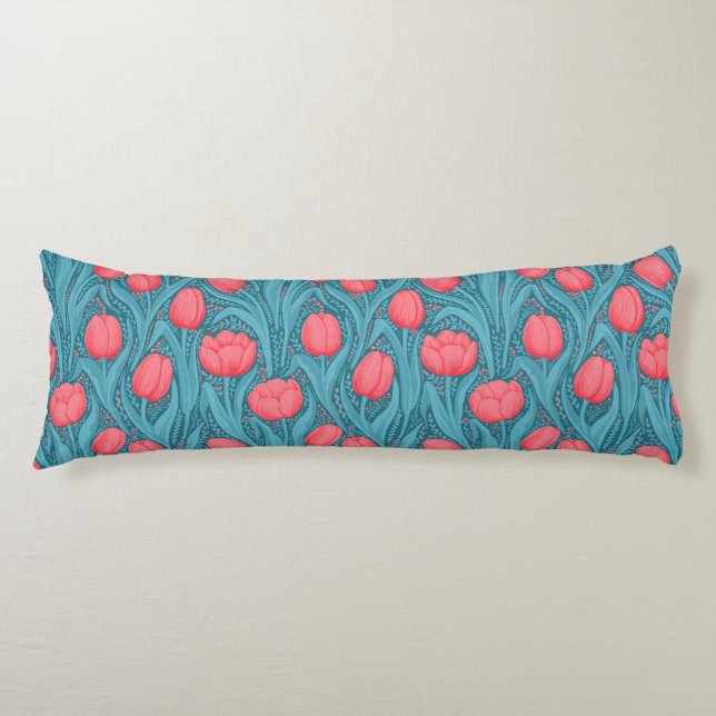 Coussins Longs Tulipes en bleu et rouge (Devant)