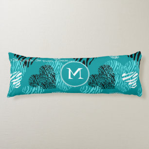 Coussins Longs Turquoise Blanc Zèbre Imprimer Coeurs Monogramme