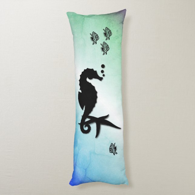 Coussins Longs Un cheval de mer dans le vert (Dos (Vertical))