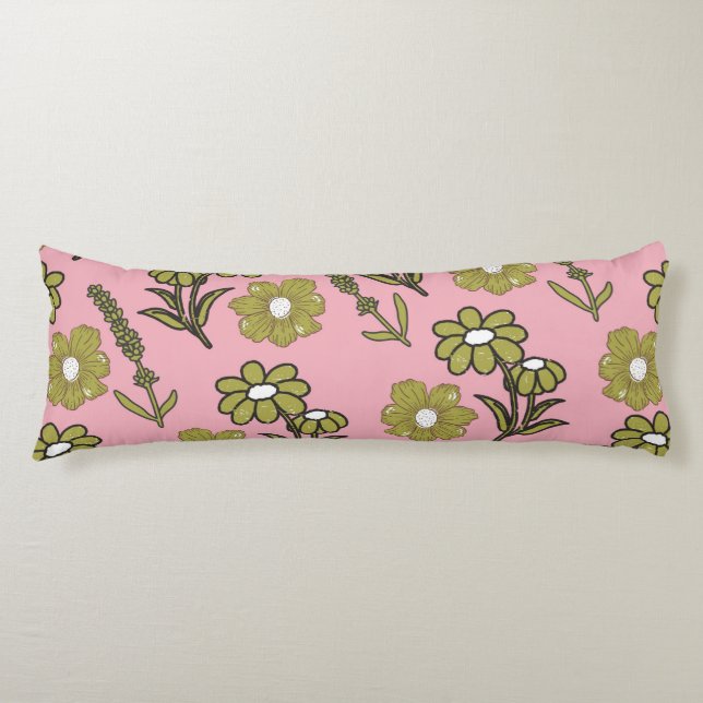 Coussins Longs Vert rose rétro Y2K Funky Hippie Flower Motif (Devant)