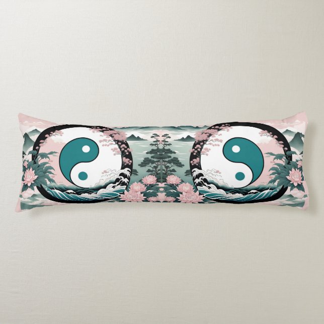 Coussins Longs Yin Yang, Floral Montagne Rose Sage Turquoise (Devant)