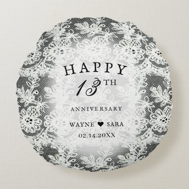 Coussins Ronds 13e anniversaire de mariage dentelle noir et blanc (Devant)