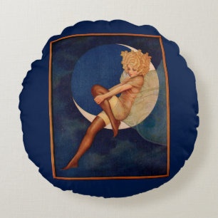 Coussins Ronds 1920 hosiery et belle femme sur la lune