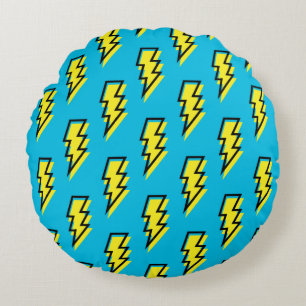 Coussins Ronds 1980/1990 Neon Blue Yellow Lightning Motif