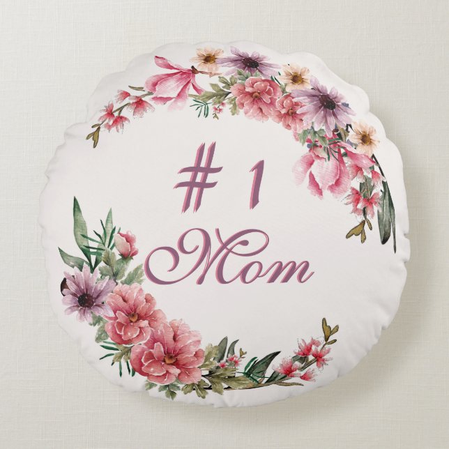 Coussins Ronds #1 Maman Fleurs Aquarelles Roses Et Violettes (Devant)