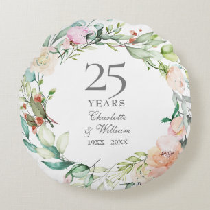 Coussins Ronds 25e Anniversaire de Mariage Argent Roses Fleuris P