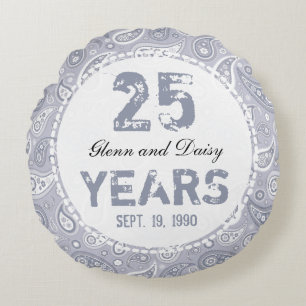 Coussins Ronds 25e anniversaire de Mariage d'argent Motif Paisley