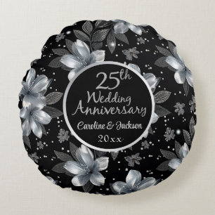 Coussins Ronds 25e Anniversaire de Mariage Fleurs Pailletées Arge