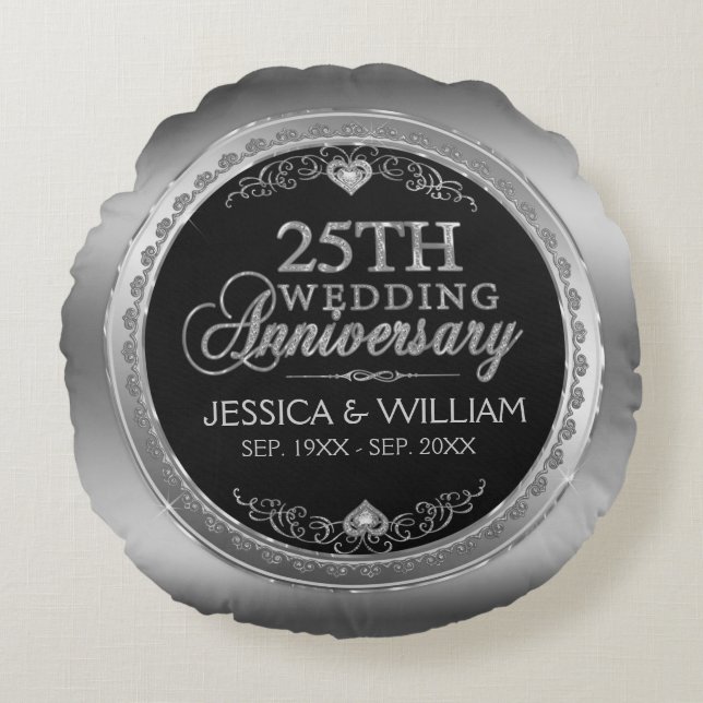 Coussins Ronds 25e anniversaire du Mariage noir et argent (Devant)