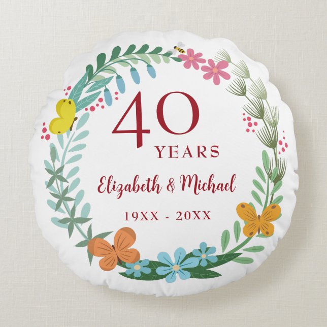 Coussins Ronds 40e anniversaire du Mariage rubis papillon floral (Devant)