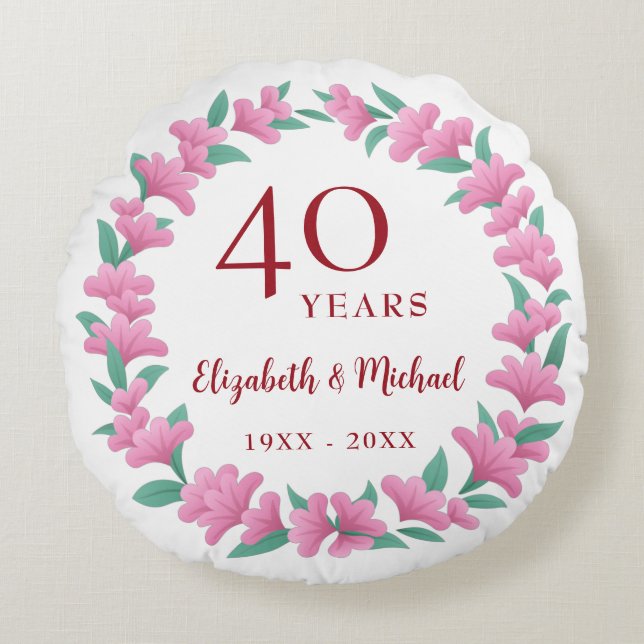 Coussins Ronds 40e anniversaire Ruby Floral Rose Green Wreath (Devant)