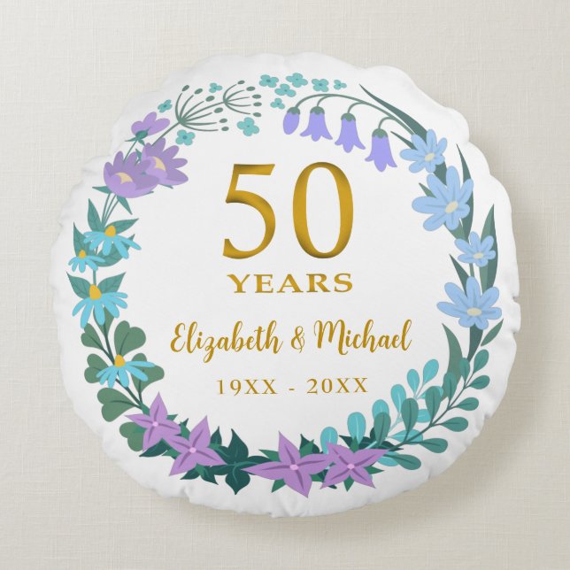 Coussins Ronds 50e anniversaire du Mariage Cloches bleues florale (Devant)