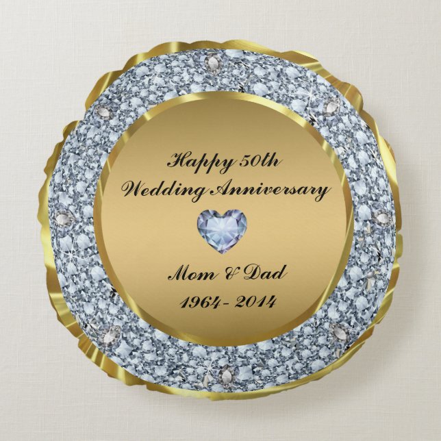 Coussins Ronds 50e anniversaire du Mariage Diamonds & Gold (Devant)