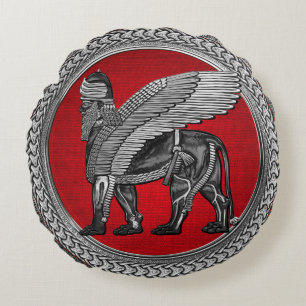 Coussins Ronds [600] Lion ailé assyrien : Argent et Lamassu noir
