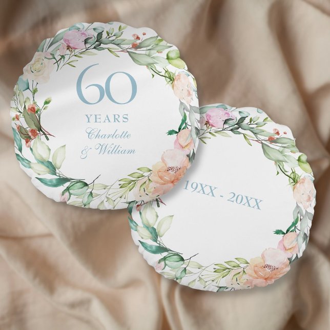 Coussins Ronds 60e anniversaire de Mariage de diamant Garland Ros (60th Diamond Wedding Anniversary Roses Garland Round Pillow)