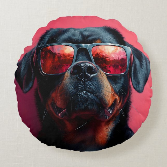 Coussins Ronds A cool rottweiler with sunglasses (Devant)