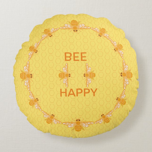Coussins Ronds Abeille miel joyeuse abeilles sur nid d'abeille ja (Devant)