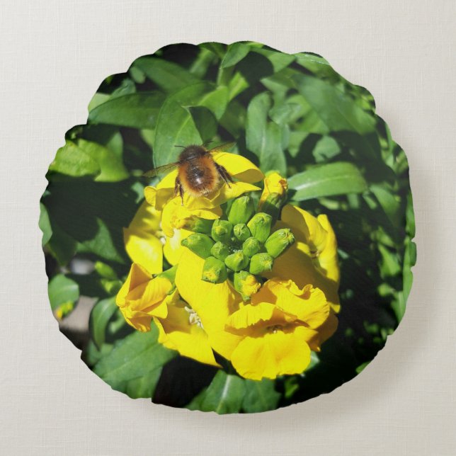 Coussins Ronds Abeille sur Fleurs Jaunes (Devant)
