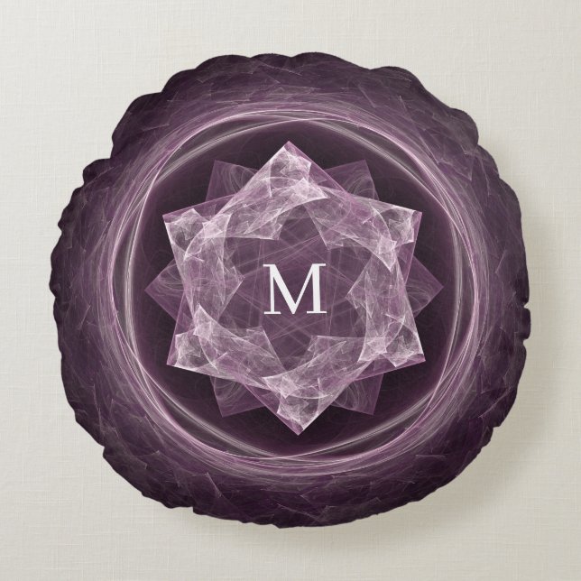 Coussins Ronds Abstrait Monogramme foncé violet étoile Fractal (Devant)