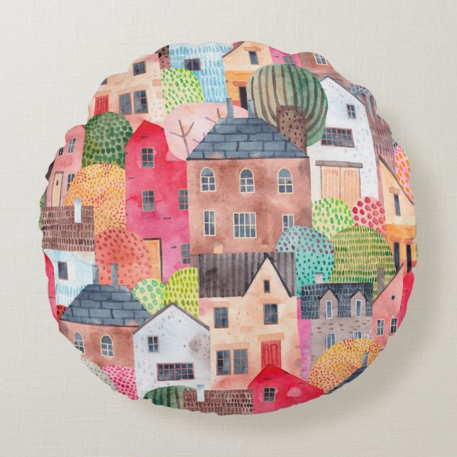 Coussins Ronds Abstrait motif sans couture avec maisons. Aquarell (Devant)