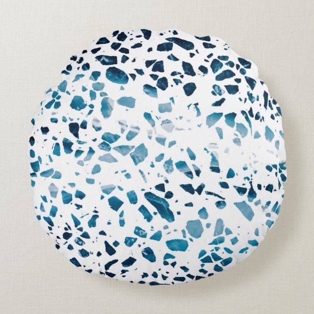 Coussins Ronds Abstrait Terrazzo Mosaic Marine et Motif bleu clai (Devant)