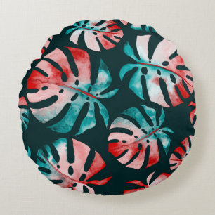 Coussins Ronds Abstraits Feuilles tropicaux, Aquarelle Lumineuse.