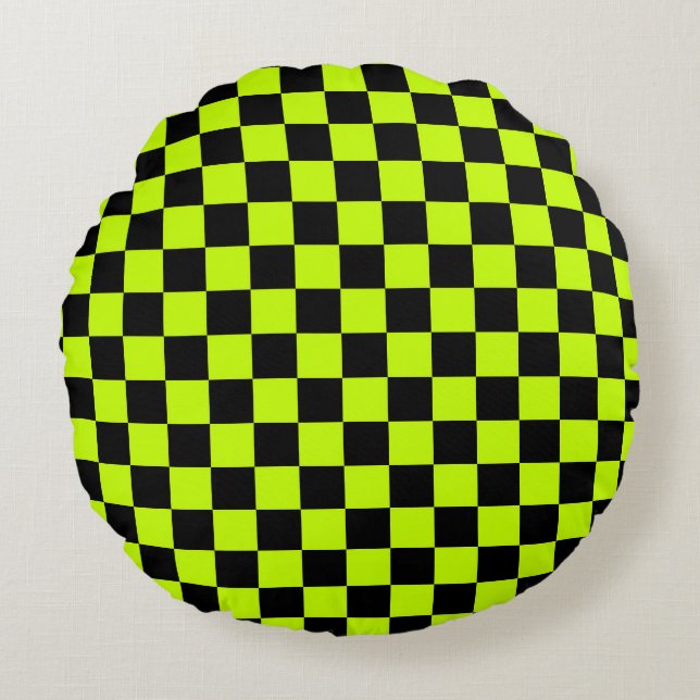 Coussins Ronds Acid green black checkerboard pattern (Devant)